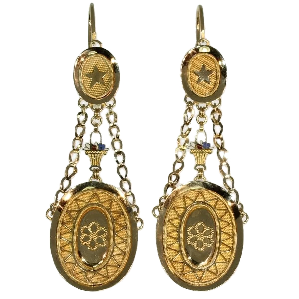 Antique long pendant Empire earrings with small enamel work